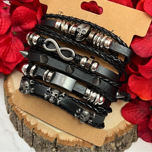 5 Pcs Set Punk Rock Infinity Skull Braided Leather Rope Bracelets - Picture 8 of 14